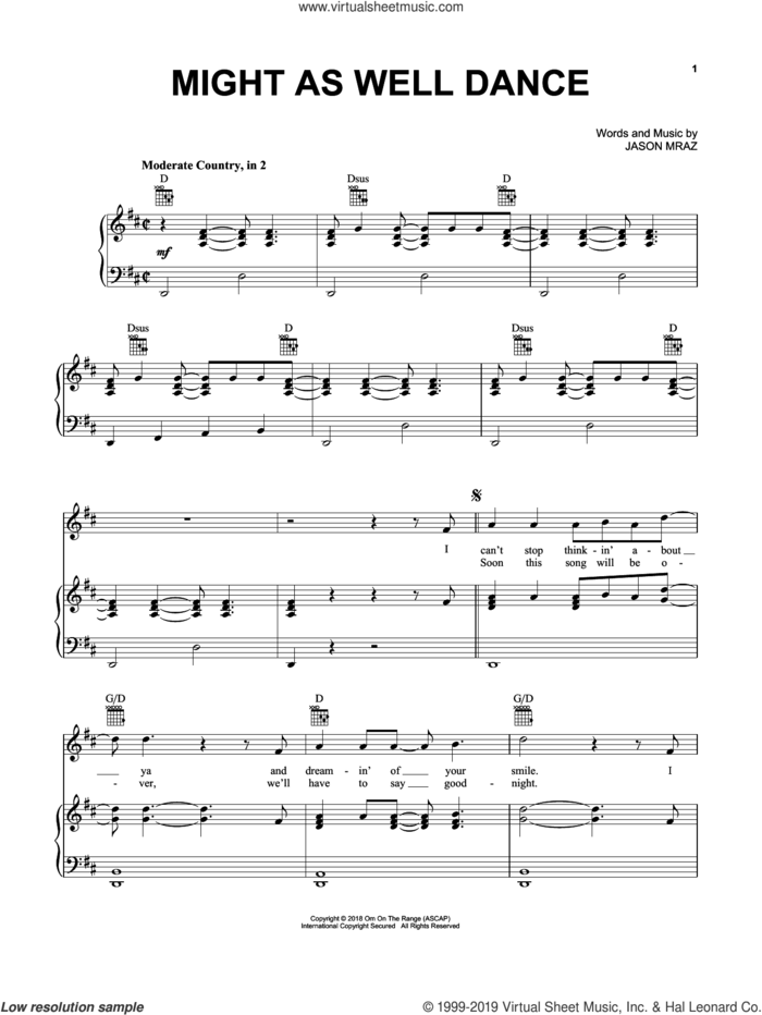 Might As Well Dance sheet music for voice, piano or guitar by Jason Mraz, intermediate skill level