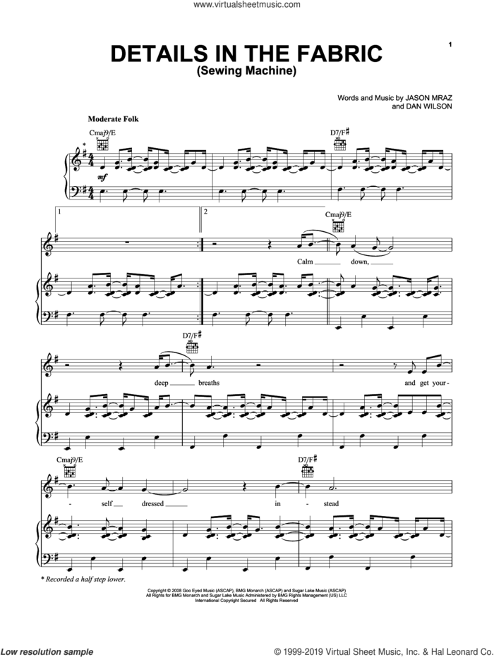 Details In The Fabric (Sewing Machine) sheet music for voice, piano or guitar by Jason Mraz, intermediate skill level