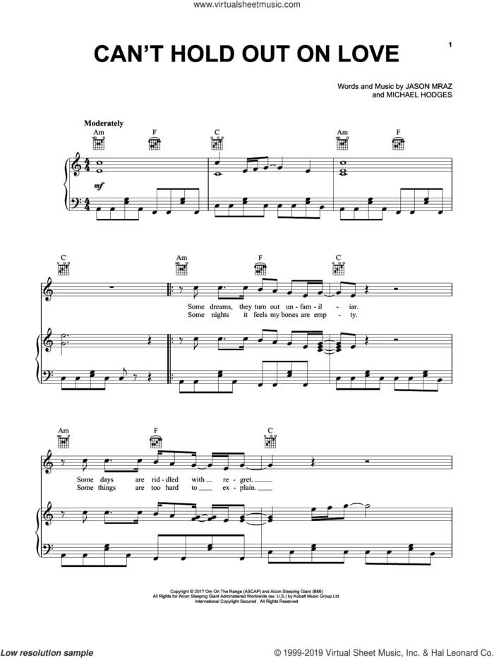 Can't Hold Out On Love sheet music for voice, piano or guitar by Jason Mraz and Michael Hodges, intermediate skill level