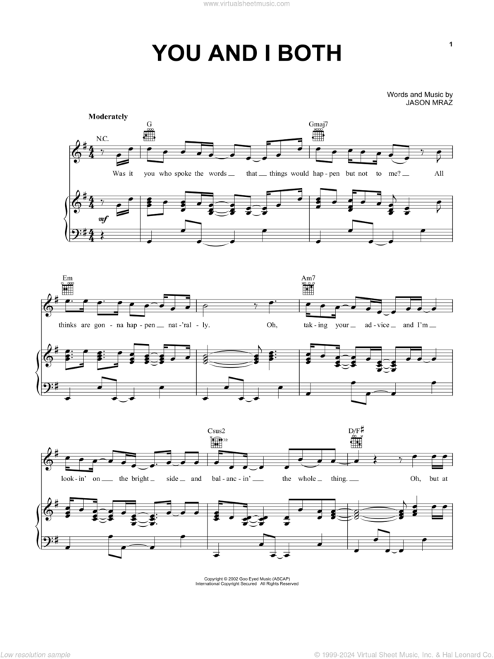 You and I Both sheet music for voice, piano or guitar by Jason Mraz, intermediate skill level