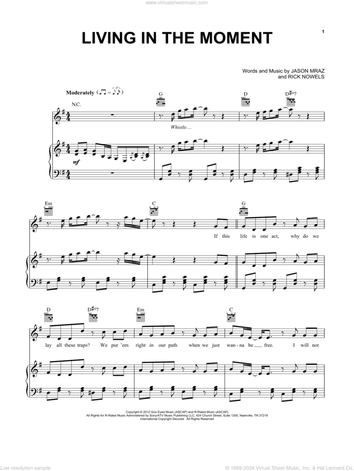 Living In The Moment sheet music for voice, piano or guitar by Jason Mraz and Rick Nowels, intermediate skill level