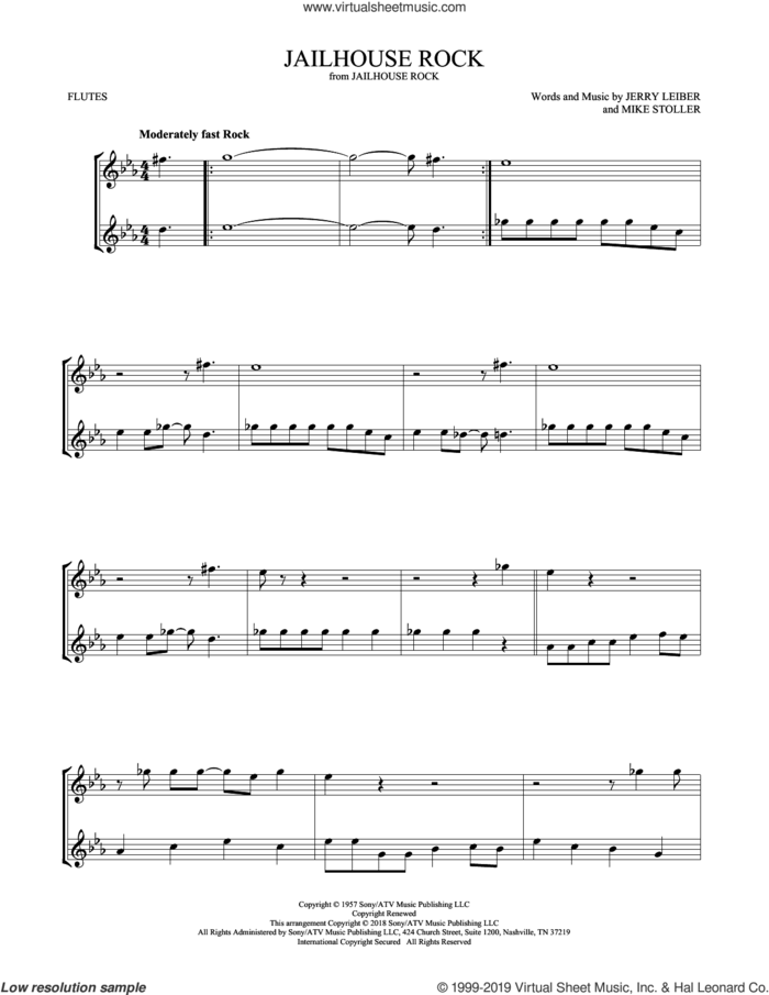 Jailhouse Rock sheet music for two flutes (duets) by Elvis Presley, Jerry Leiber and Mike Stoller, intermediate skill level