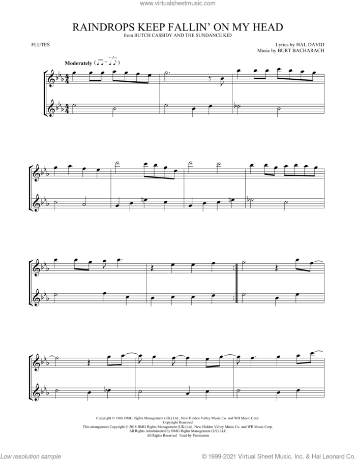 Raindrops Keep Fallin' On My Head sheet music for two flutes (duets) by B.J. Thomas, Burt Bacharach and Hal David, intermediate skill level