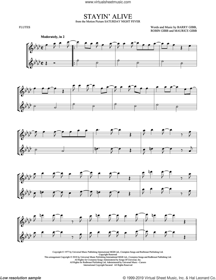 Stayin' Alive sheet music for two flutes (duets) by Barry Gibb, Bee Gees, Maurice Gibb and Robin Gibb, intermediate skill level
