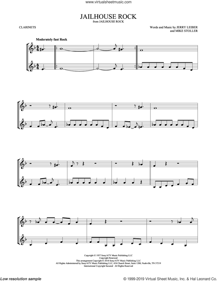 Jailhouse Rock sheet music for two clarinets (duets) by Elvis Presley, Jerry Leiber and Mike Stoller, intermediate skill level