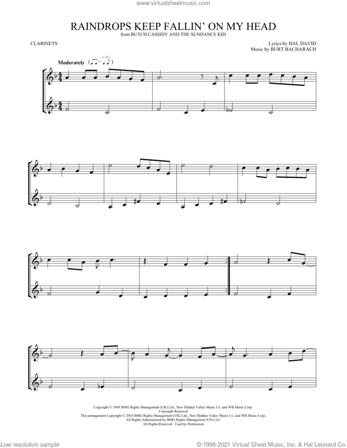 Raindrops Keep Fallin' On My Head sheet music for two clarinets (duets) by B.J. Thomas, Burt Bacharach and Hal David, intermediate skill level