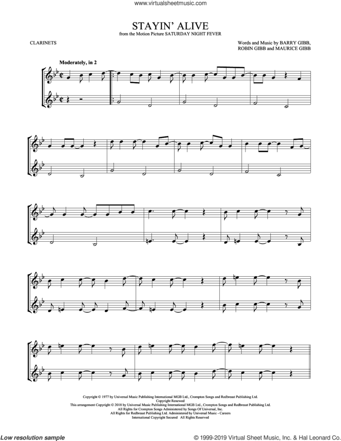 Stayin' Alive sheet music for two clarinets (duets) by Barry Gibb, Bee Gees, Maurice Gibb and Robin Gibb, intermediate skill level