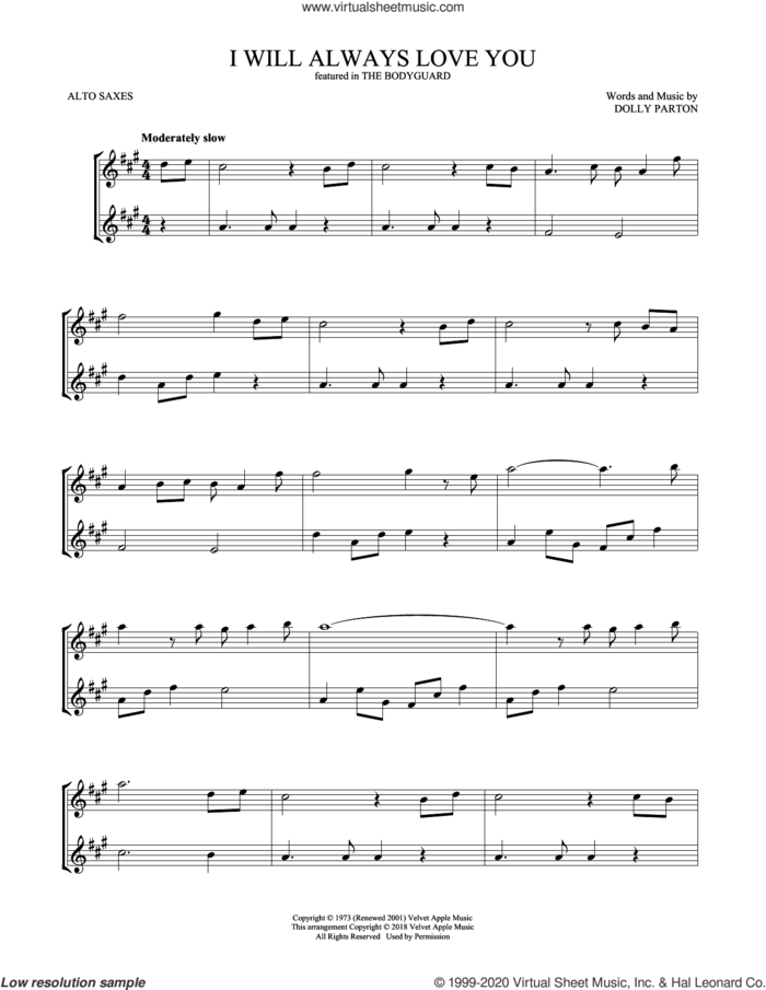 I Will Always Love You sheet music for two alto saxophones (duets) by Whitney Houston and Dolly Parton, wedding score, intermediate skill level