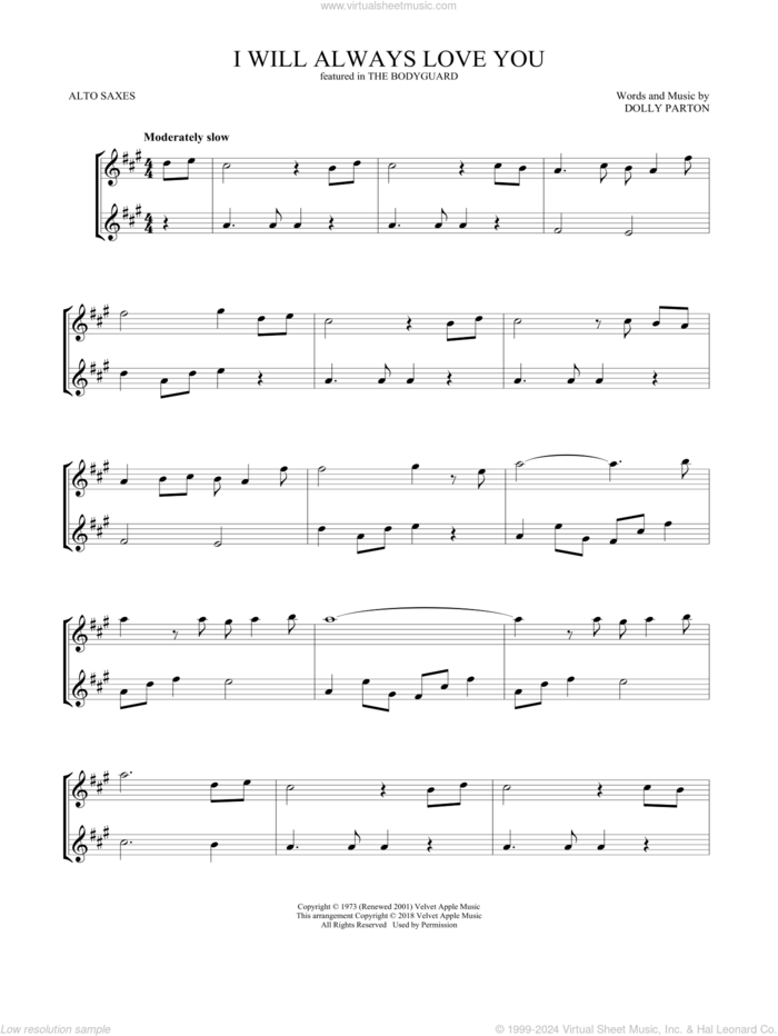 I Will Always Love You sheet music for two alto saxophones (duets) by Whitney Houston and Dolly Parton, wedding score, intermediate skill level