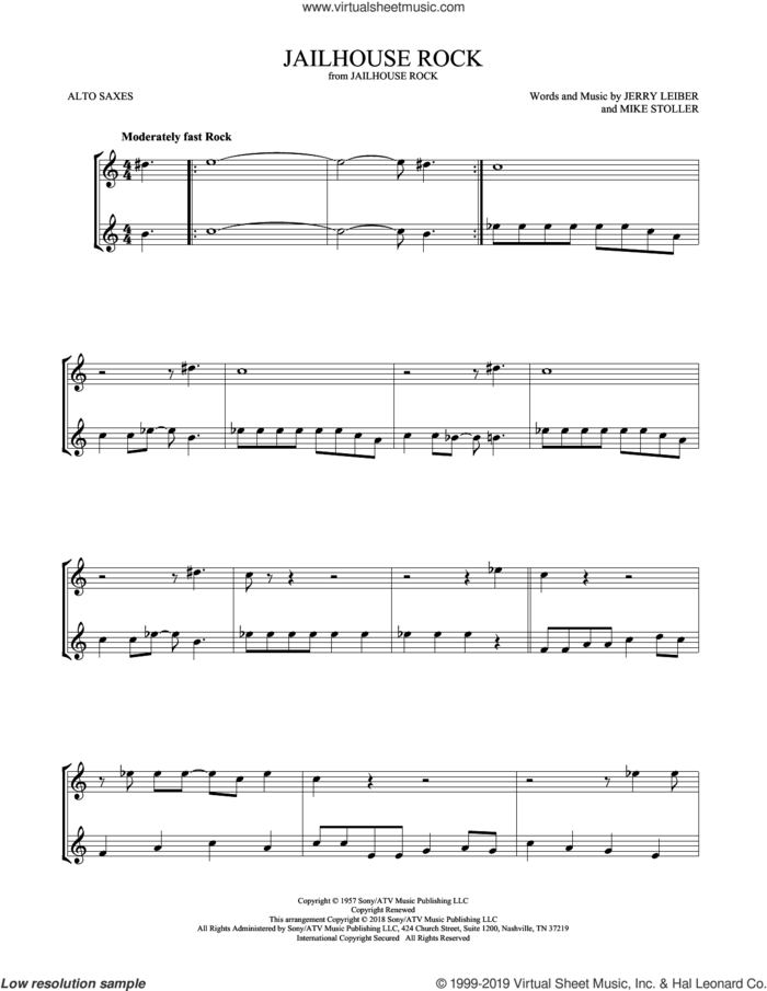 Jailhouse Rock sheet music for two alto saxophones (duets) by Elvis Presley, Jerry Leiber and Mike Stoller, intermediate skill level