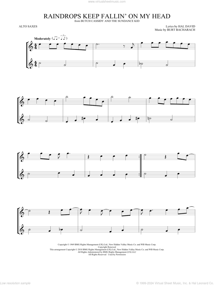 Raindrops Keep Fallin' On My Head sheet music for two alto saxophones (duets) by B.J. Thomas, Burt Bacharach and Hal David, intermediate skill level