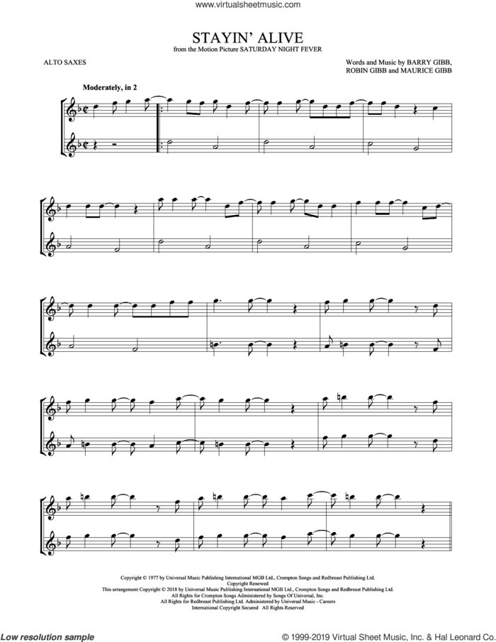 Stayin' Alive sheet music for two alto saxophones (duets) by Barry Gibb, Bee Gees, Maurice Gibb and Robin Gibb, intermediate skill level