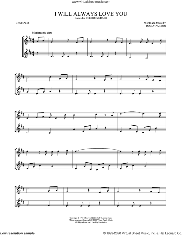 I Will Always Love You sheet music for two trumpets (duet, duets) by Whitney Houston and Dolly Parton, wedding score, intermediate skill level