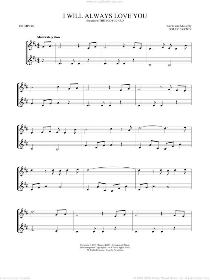 I Will Always Love You sheet music for two trumpets (duet, duets) by Whitney Houston and Dolly Parton, wedding score, intermediate skill level