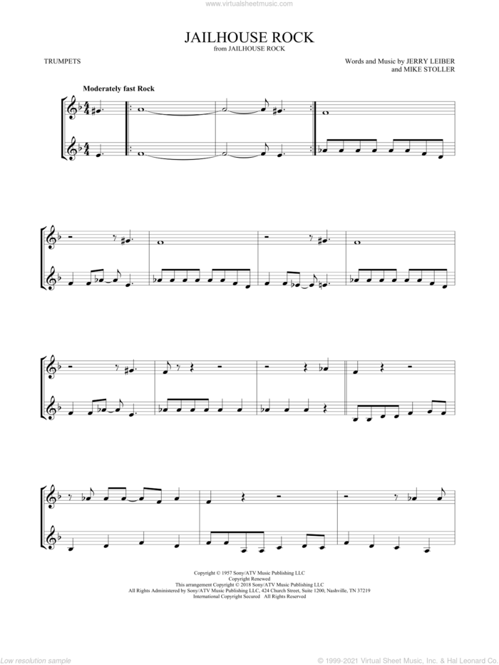 Jailhouse Rock sheet music for two trumpets (duet, duets) by Elvis Presley, Jerry Leiber and Mike Stoller, intermediate skill level