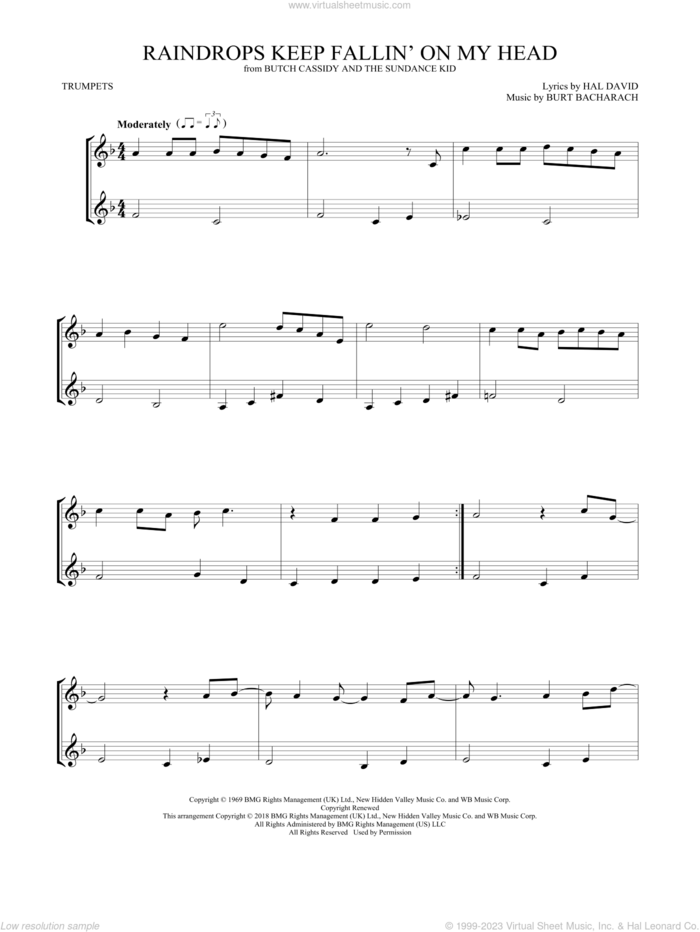 Raindrops Keep Fallin' On My Head sheet music for two trumpets (duet, duets) by B.J. Thomas, Burt Bacharach and Hal David, intermediate skill level
