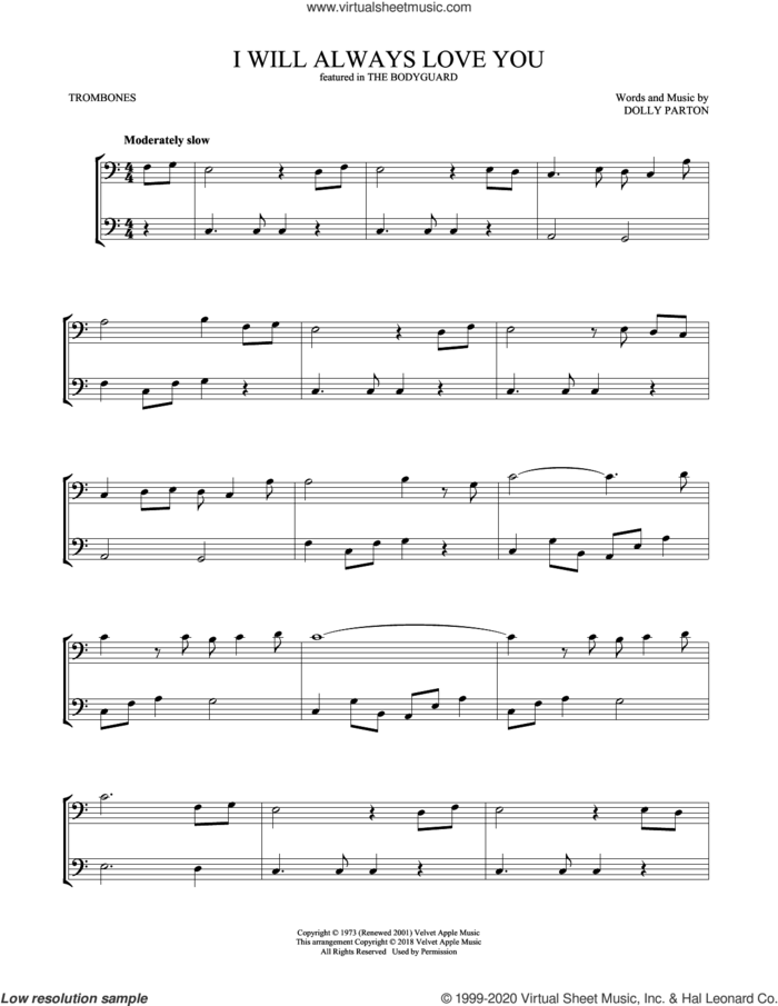 I Will Always Love You sheet music for two trombones (duet, duets) by Whitney Houston and Dolly Parton, wedding score, intermediate skill level