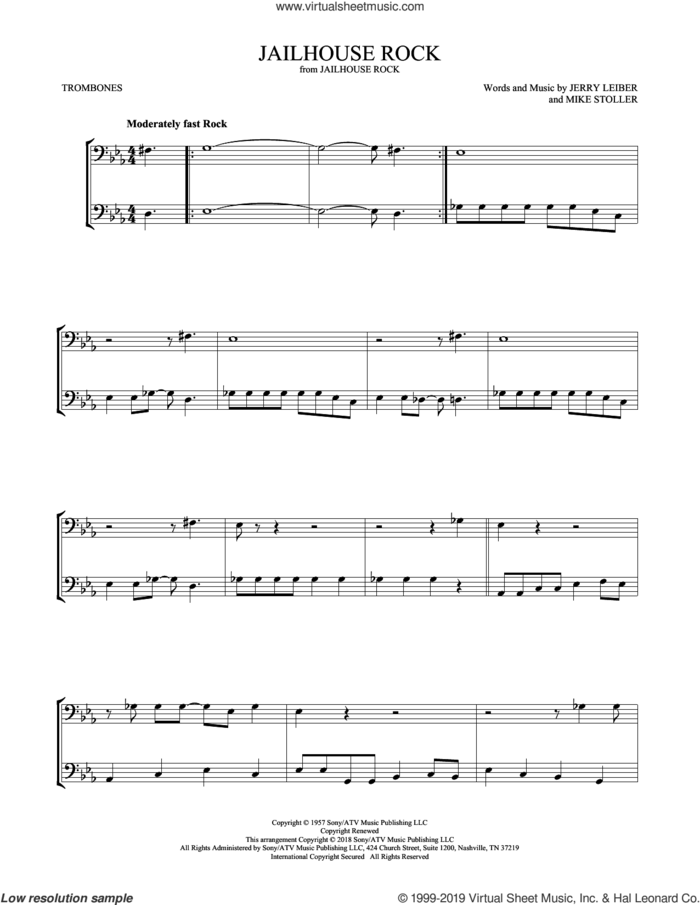 Jailhouse Rock sheet music for two trombones (duet, duets) by Elvis Presley, Jerry Leiber and Mike Stoller, intermediate skill level