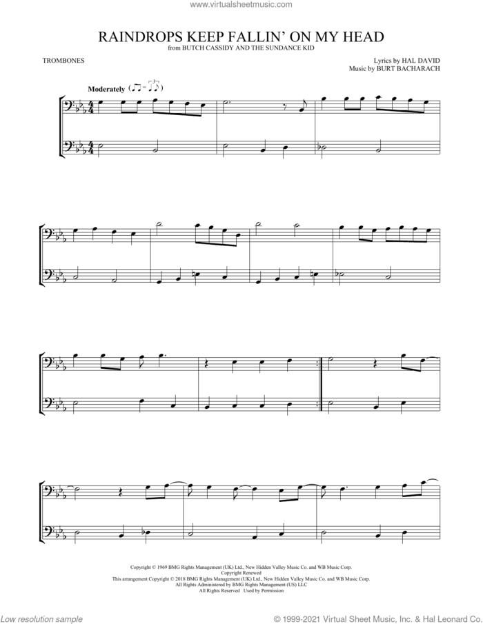 Raindrops Keep Fallin' On My Head sheet music for two trombones (duet, duets) by B.J. Thomas, Burt Bacharach and Hal David, intermediate skill level