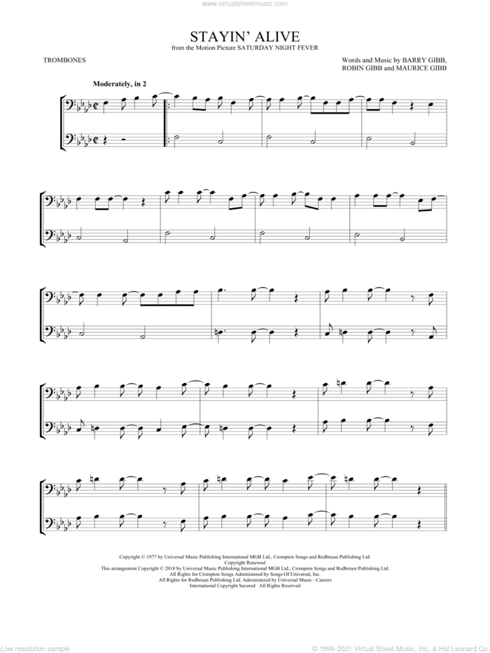 Stayin' Alive sheet music for two trombones (duet, duets) by Barry Gibb, Bee Gees, Maurice Gibb and Robin Gibb, intermediate skill level