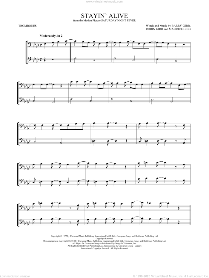 Stayin' Alive sheet music for two trombones (duet, duets) by Barry Gibb, Bee Gees, Maurice Gibb and Robin Gibb, intermediate skill level