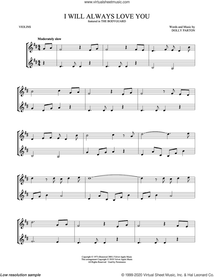 I Will Always Love You sheet music for two violins (duets, violin duets) by Whitney Houston and Dolly Parton, wedding score, intermediate skill level