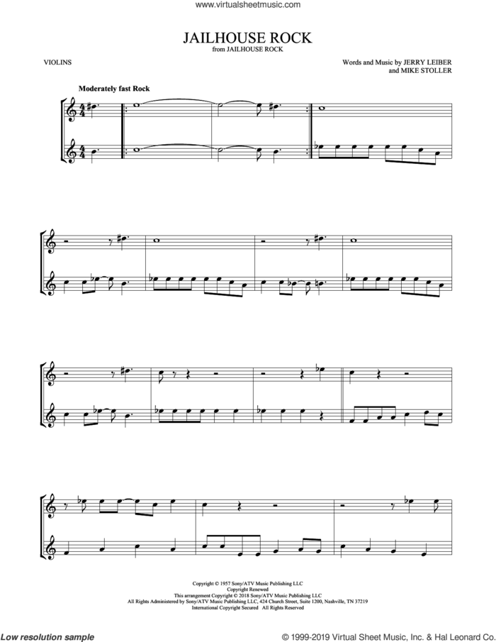 Jailhouse Rock sheet music for two violins (duets, violin duets) by Elvis Presley, Jerry Leiber and Mike Stoller, intermediate skill level