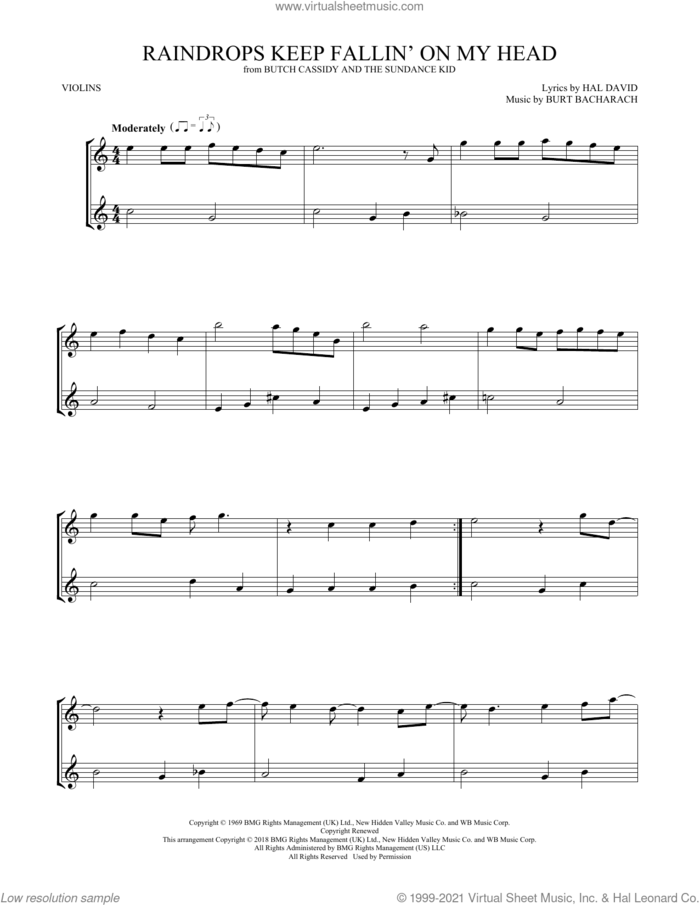 Raindrops Keep Fallin' On My Head sheet music for two violins (duets, violin duets) by B.J. Thomas, Burt Bacharach and Hal David, intermediate skill level