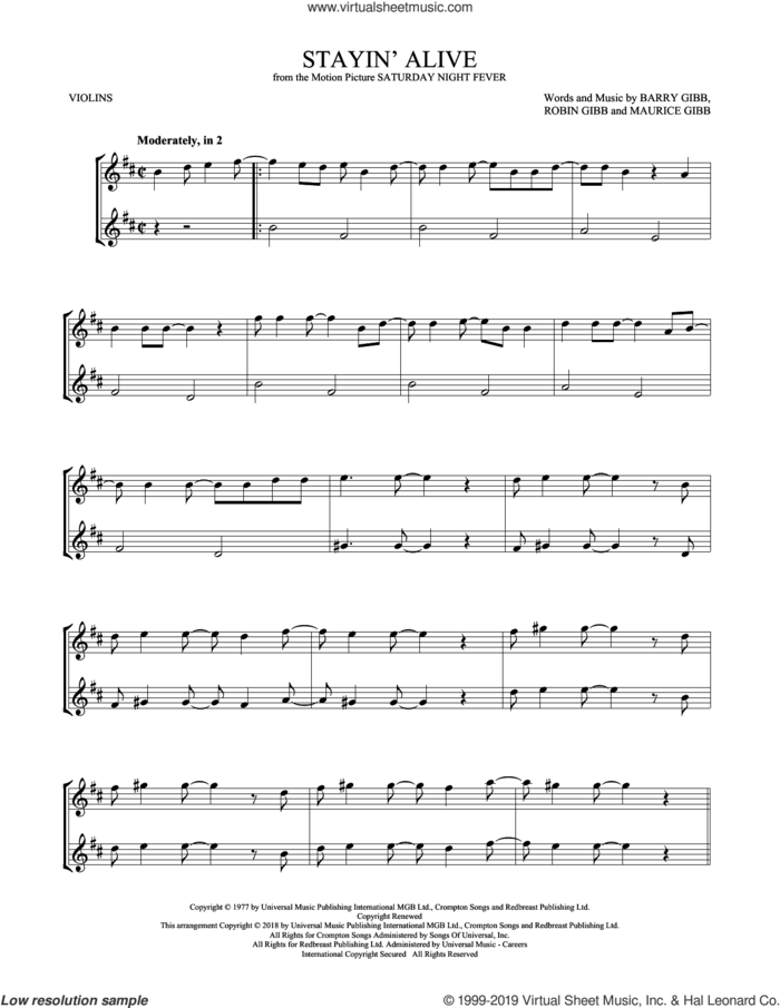 Stayin' Alive sheet music for two violins (duets, violin duets) by Barry Gibb, Bee Gees, Maurice Gibb and Robin Gibb, intermediate skill level