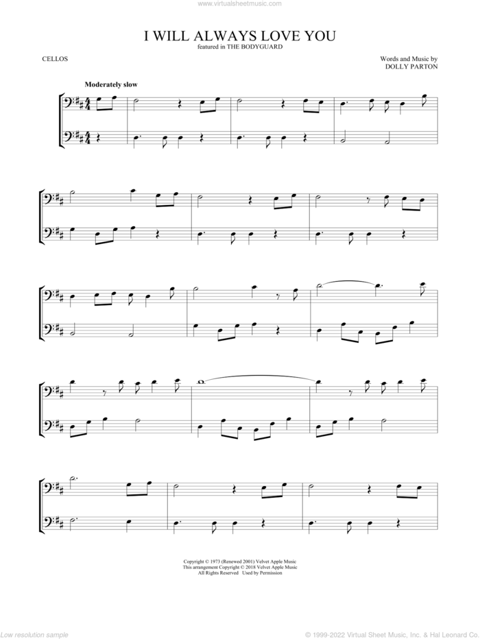 I Will Always Love You sheet music for two cellos (duet, duets) by Whitney Houston and Dolly Parton, wedding score, intermediate skill level