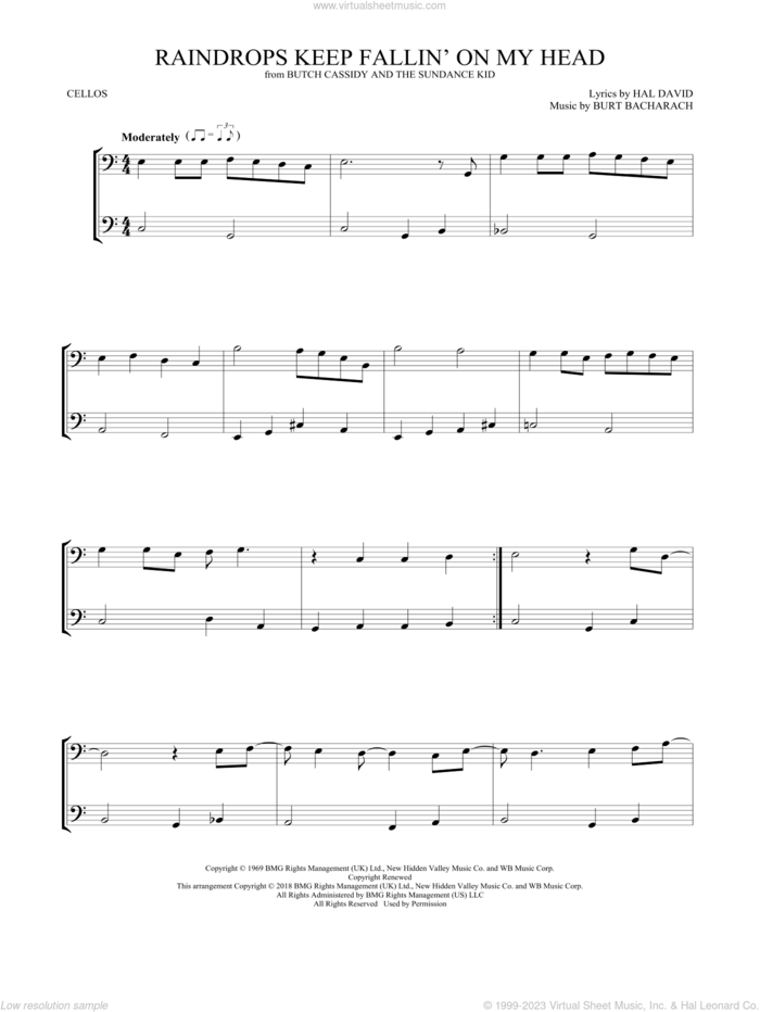 Raindrops Keep Fallin' On My Head sheet music for two cellos (duet, duets) by B.J. Thomas, Burt Bacharach and Hal David, intermediate skill level