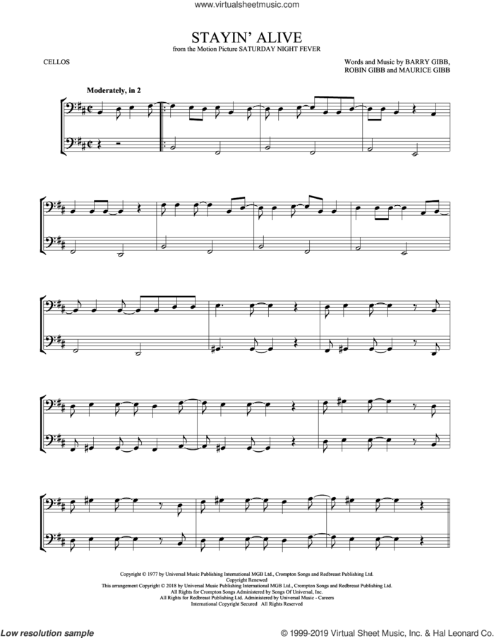 Stayin' Alive sheet music for two cellos (duet, duets) by Barry Gibb, Bee Gees, Maurice Gibb and Robin Gibb, intermediate skill level