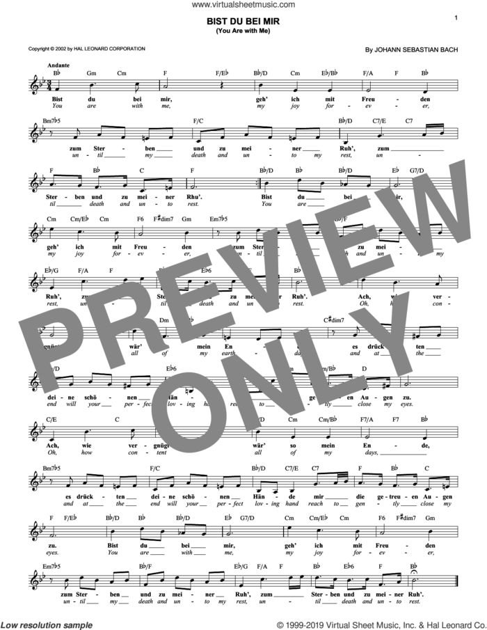 Bist du bei mir (You Are With Me) sheet music for voice and other instruments (fake book) by Johann Sebastian Bach, classical wedding score, intermediate skill level