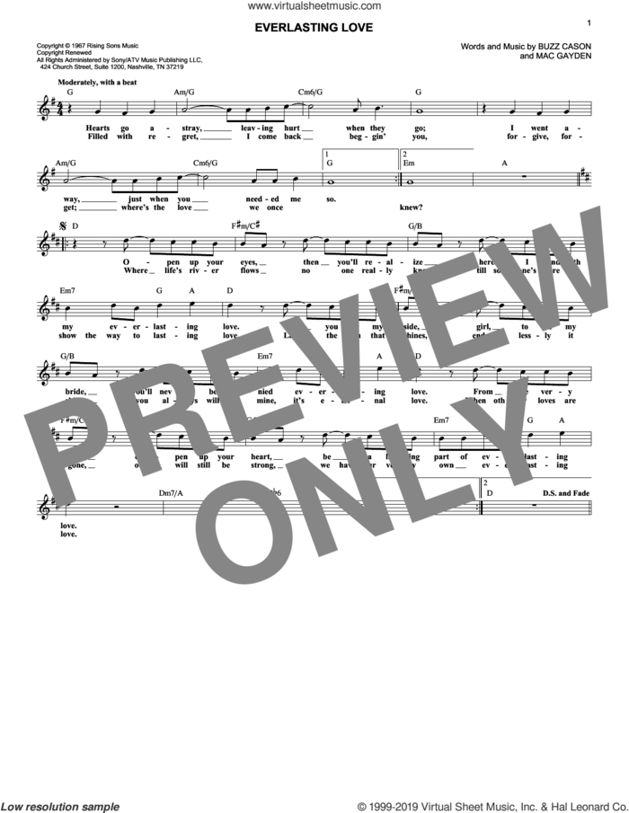 Everlasting Love sheet music for voice and other instruments (fake book) by Gloria Estefan, Buzz Cason and Mac Gayden, wedding score, intermediate skill level
