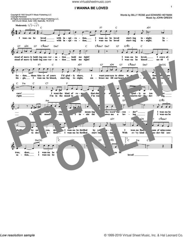I Wanna Be Loved sheet music for voice and other instruments (fake book) by Billy Rose, Edward Heyman and Johnny Green, wedding score, intermediate skill level