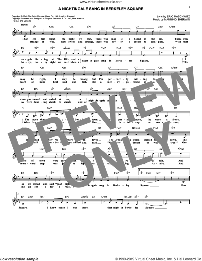 A Nightingale Sang In Berkeley Square sheet music for voice and other instruments (fake book) by Manhattan Transfer, Eric Maschwitz and Manning Sherwin, wedding score, intermediate skill level