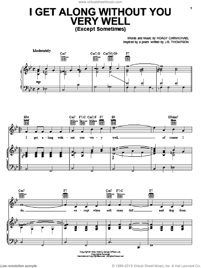 I Get Along Without You Very Well (Except Sometimes) sheet music for voice, piano or guitar by Hoagy Carmichael, Diana Krall and Frank Sinatra, intermediate skill level