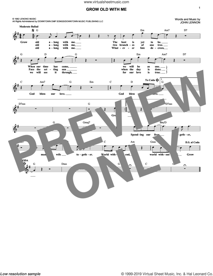 Grow Old With Me sheet music for voice and other instruments (fake book) by Mary Chapin Carpenter and John Lennon, wedding score, intermediate skill level