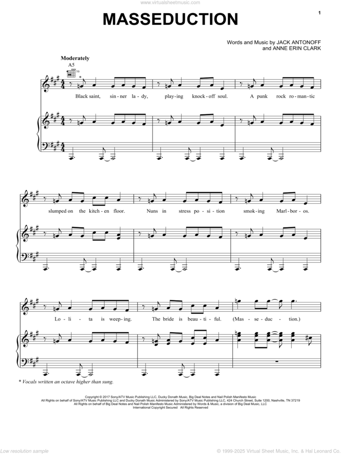 Masseduction sheet music for voice, piano or guitar by St. Vincent, Anne Erin Clark and Jack Antonoff, intermediate skill level