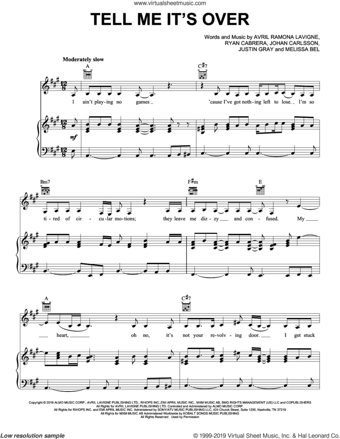 Tell Me It's Over sheet music for voice, piano or guitar by Avril Lavigne, Avril Ramona Lavigne, Johan Carlsson, Justin Gray, Melissa Bel and Ryan Cabrera, intermediate skill level