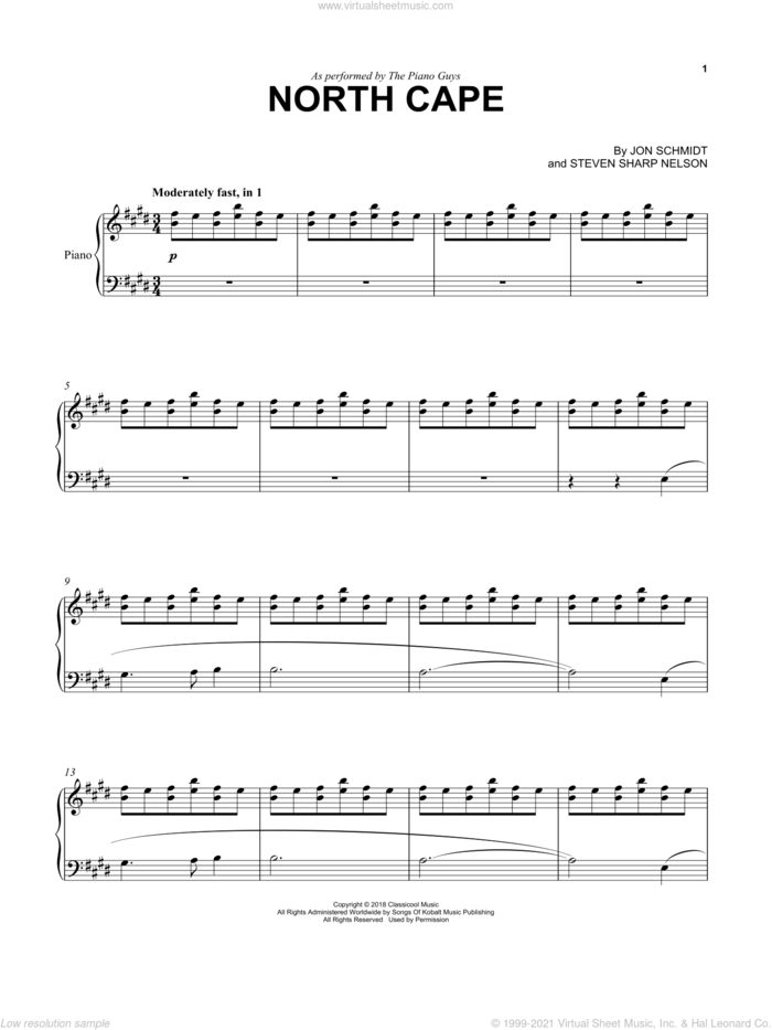 North Cape sheet music for cello and piano by The Piano Guys, Jon Schmidt and Steven Sharp Nelson, intermediate skill level