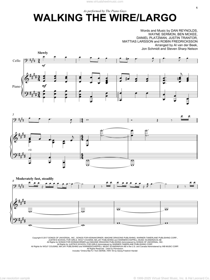 Walking The Wire / Largo sheet music for cello and piano by The Piano Guys, Imagine Dragons, Ben McKee, Dan Reynolds, Daniel Platzman, Justin Tranter, Mattias Larsson, Robin Fredriksson and Wayne Sermon, intermediate skill level