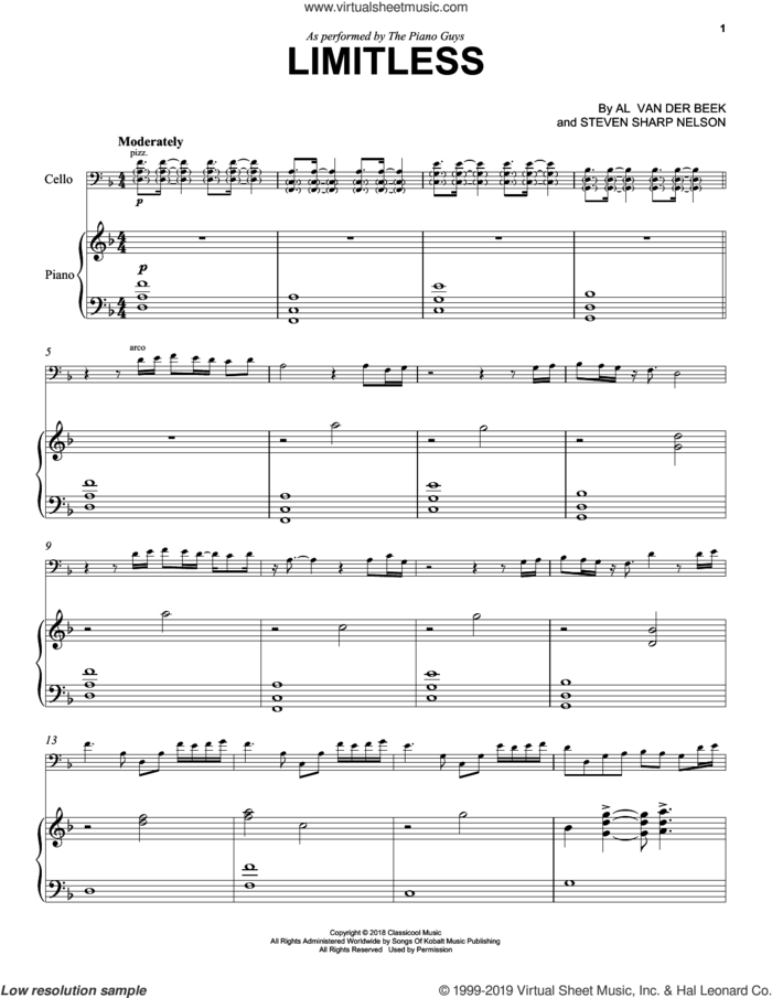 Limitless sheet music for cello and piano by The Piano Guys, Al van der Beek and Steven Sharp Nelson, intermediate skill level