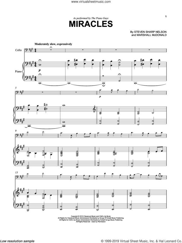 Miracles sheet music for cello and piano by The Piano Guys, Marshall McDonald and Steven Sharp Nelson, intermediate skill level