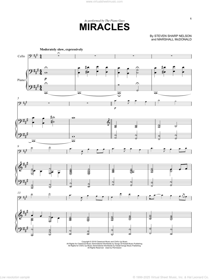 Miracles sheet music for cello and piano by The Piano Guys, Marshall McDonald and Steven Sharp Nelson, intermediate skill level