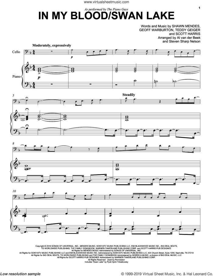 In My Blood / Swan Lake sheet music for cello and piano by The Piano Guys, Geoff Warburton, Scott Harris, Shawn Mendes and Teddy Geiger, intermediate skill level