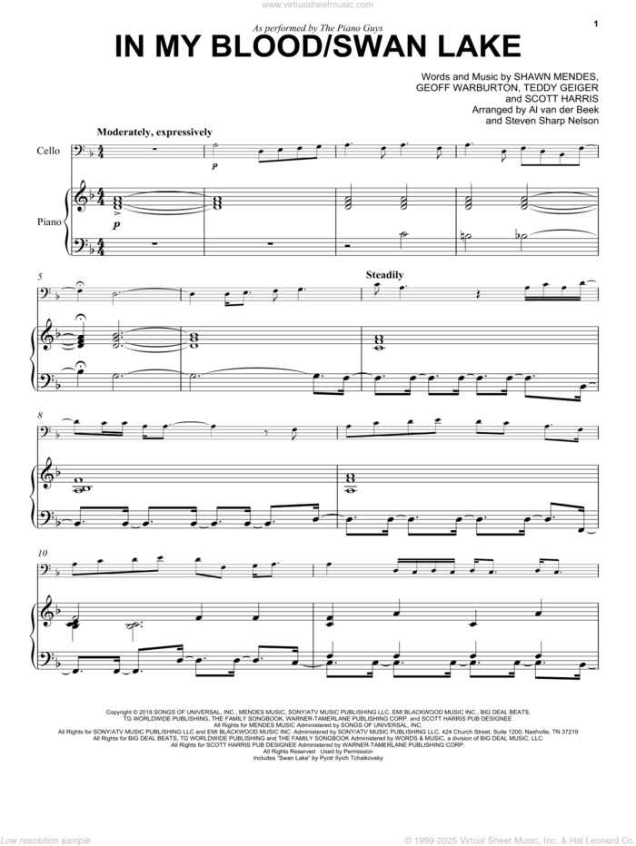 In My Blood / Swan Lake sheet music for cello and piano by The Piano Guys, Geoff Warburton, Scott Harris, Shawn Mendes and Teddy Geiger, intermediate skill level