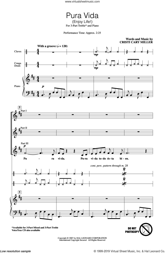 Pura Vida (Enjoy Life) sheet music for choir (3-Part Treble) by Cristi Cary Miller, intermediate skill level