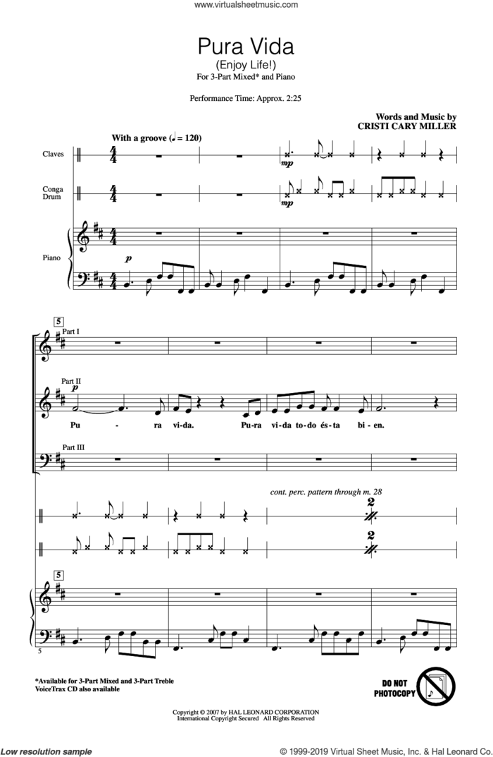 Pura Vida (Enjoy Life) sheet music for choir (3-Part Mixed) by Cristi Cary Miller, intermediate skill level