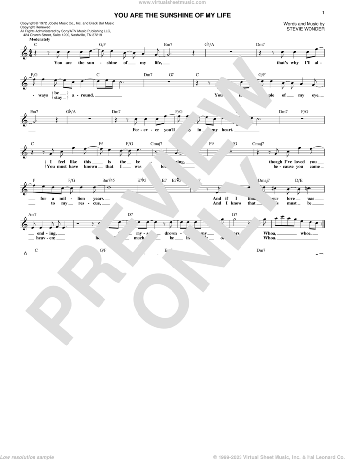 You Are The Sunshine Of My Life sheet music for voice and other instruments (fake book) by Stevie Wonder, wedding score, intermediate skill level